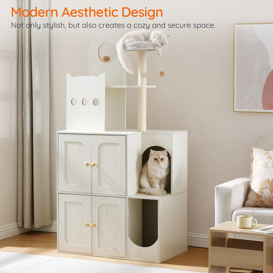 White cat tree with a cat sitting on it in a living room setting.