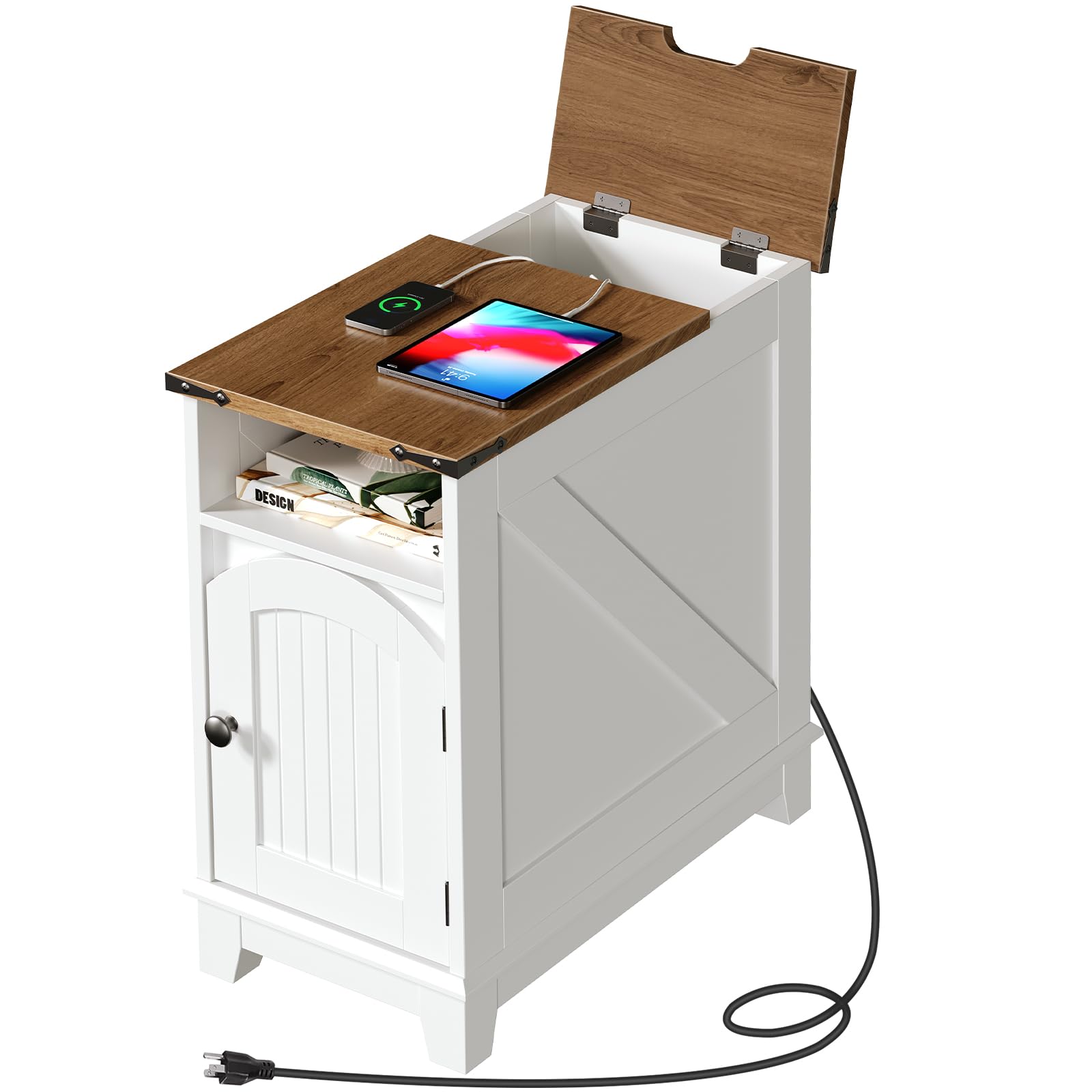 White cabinet with wooden top, charging devices, and a tablet on a white background