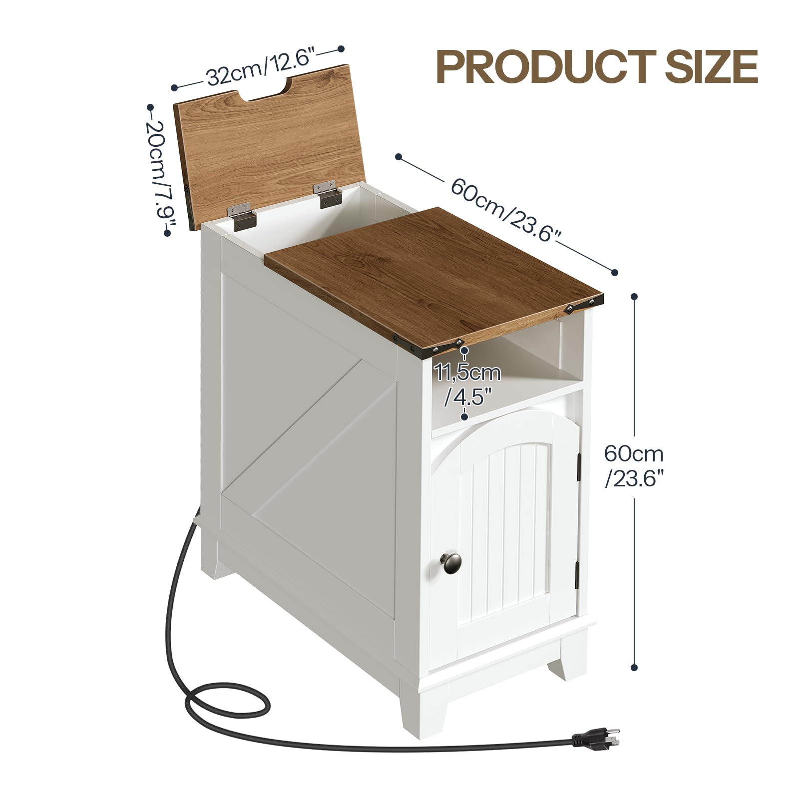 White cabinet with wooden top and dimensions labeled on a white background