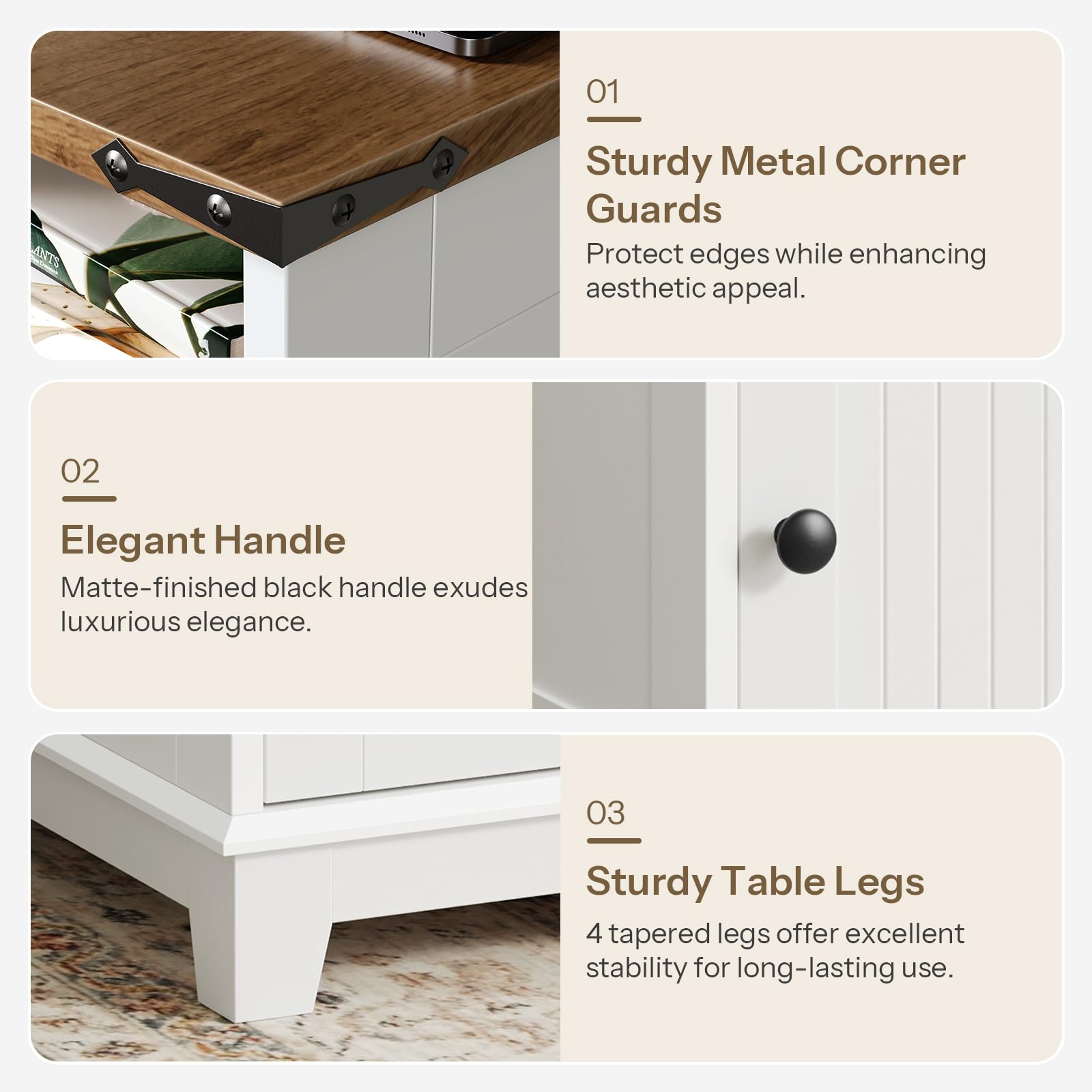 Collage of furniture features including metal corner guards, elegant handle, and sturdy table legs.