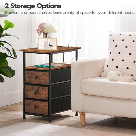 Wooden side table with drawers and open shelves in a living room setting.