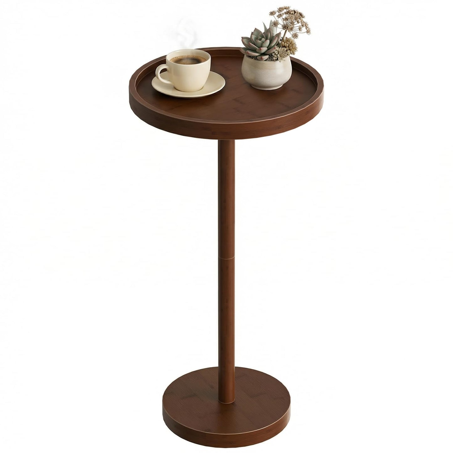 Wooden side table with a cup of coffee and a small plant on a white background