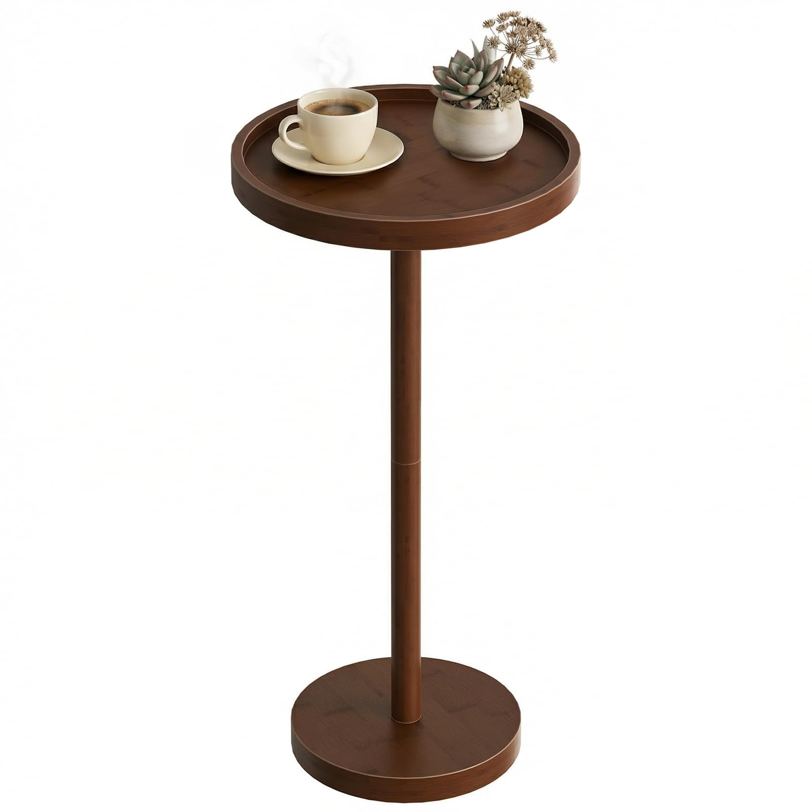 Wooden side table with a cup of coffee and a small plant on a white background