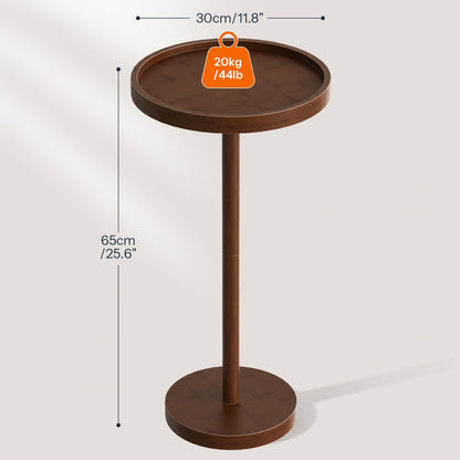 Brown round side table with dimensions and weight label on a white background