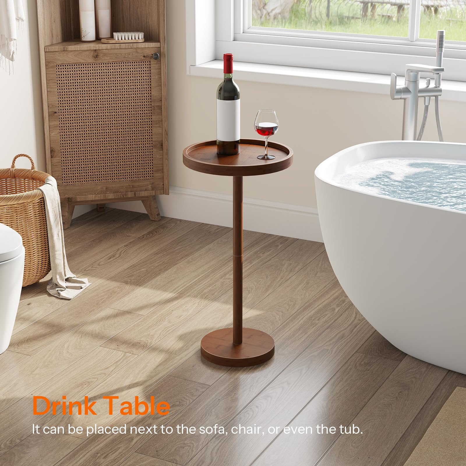 Wooden drink table in a bathroom setting with a bottle and glass.