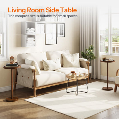 Living room with a white sofa and side tables, featuring text about the compact size of the side table.