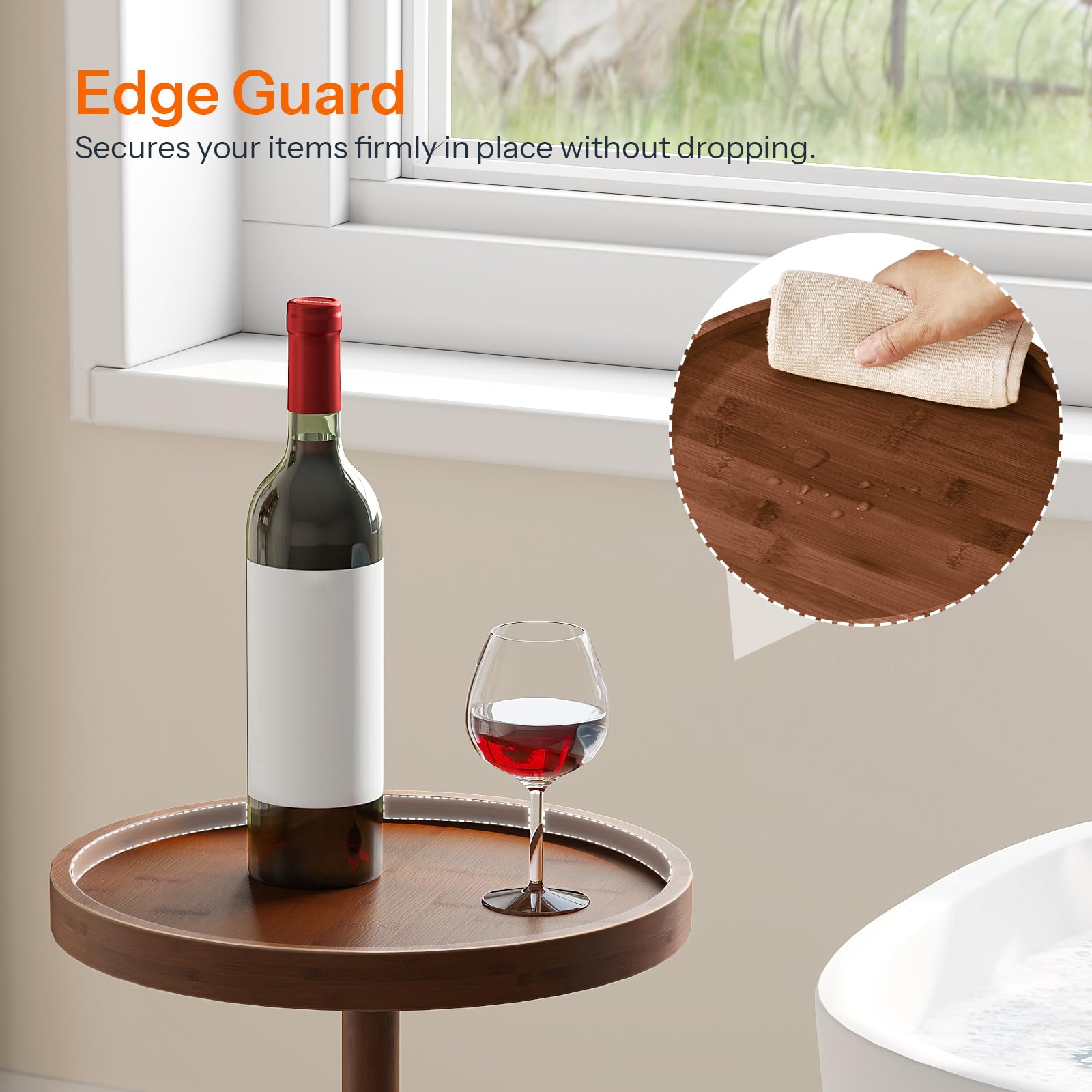 Wooden tray with wine bottle and glass, featuring an Edge Guard product.