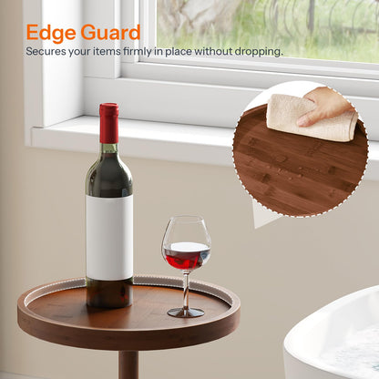 Wooden tray with wine bottle and glass, featuring an Edge Guard product.