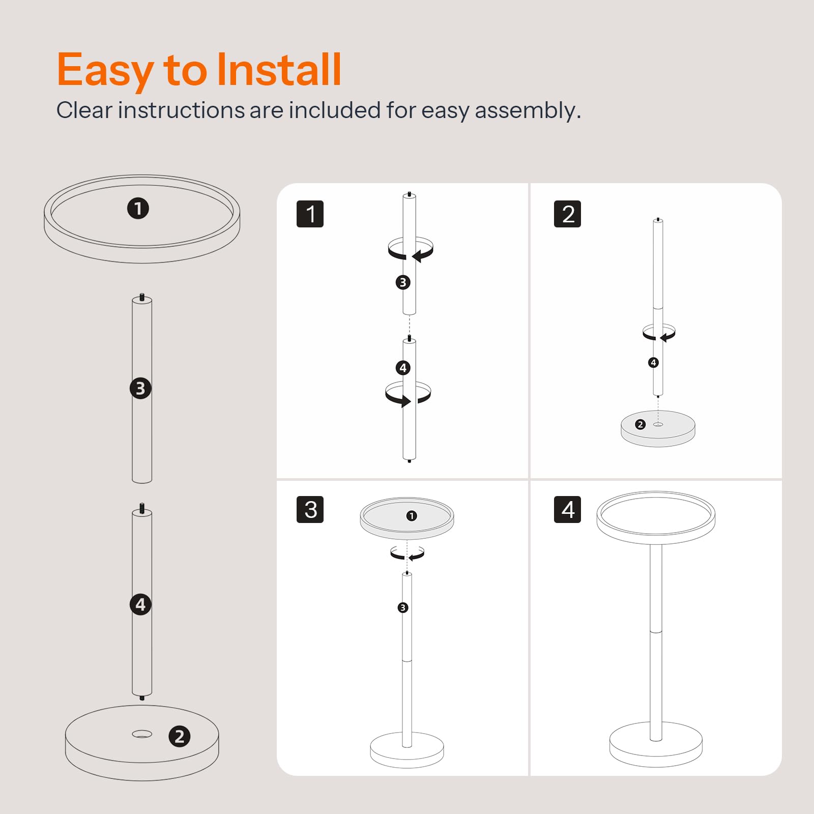 Step-by-step assembly diagram for a stand with text indicating easy installation.