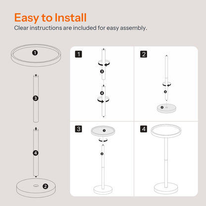 Step-by-step assembly diagram for a stand with text indicating easy installation.