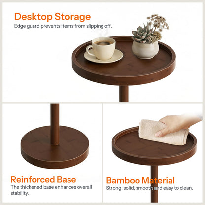 Wooden side table with a cup, saucer, and plant on top, featuring text about its features.