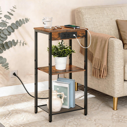 Wooden side table with electrical outlets next to a beige sofa in a living room.