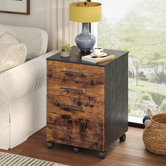 Wooden nightstand with three drawers in a living room setting.