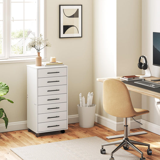 Home office with a desk, chair, and storage cabinet.