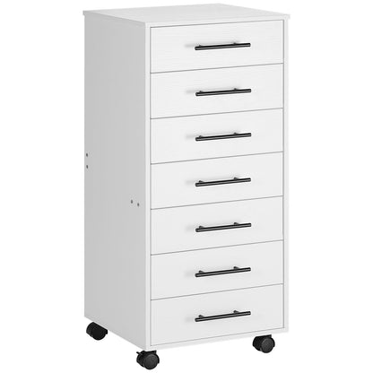White filing cabinet with multiple drawers on wheels against a white background