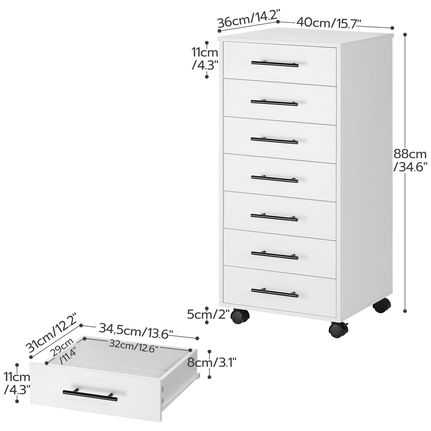 White drawer unit with dimensions labeled on a white background