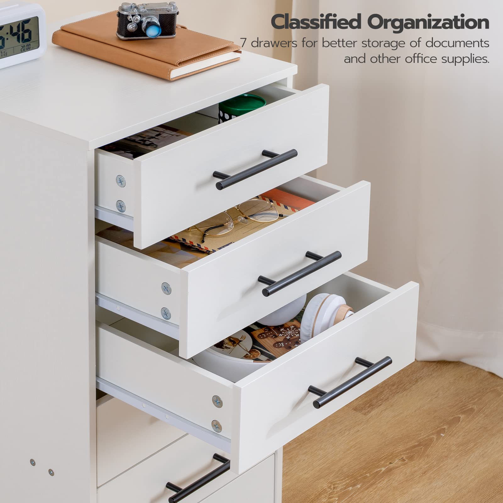 White storage cabinet with open drawers showing organized office supplies, with text about classified organization.