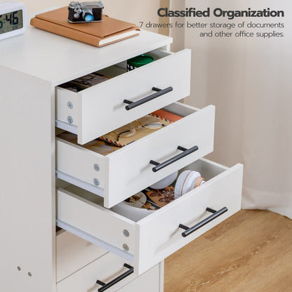 White storage cabinet with open drawers showing organized office supplies, with text about classified organization.