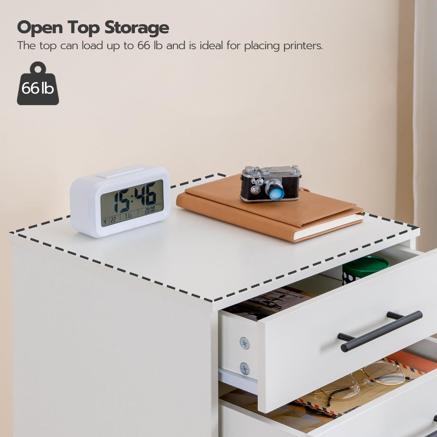 White storage unit with open top shelf holding a clock, camera, and notebook, with text indicating load capacity.