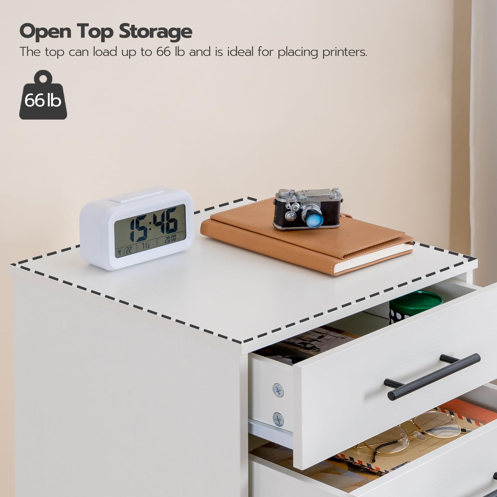 White storage unit with open top shelf holding a clock, camera, and notebook, with text indicating load capacity.