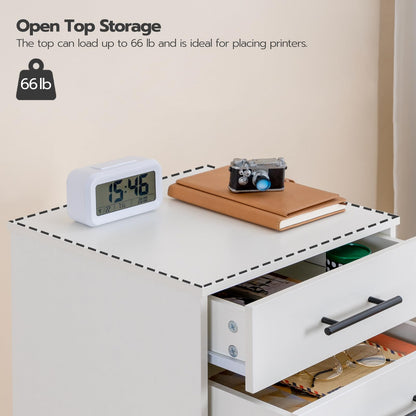 White storage unit with open top shelf holding a clock, camera, and notebook, with text indicating load capacity.