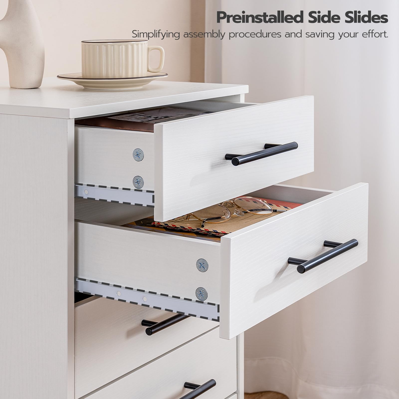 White drawer with black handles open on a white cabinet, with text about preinstalled side slides.