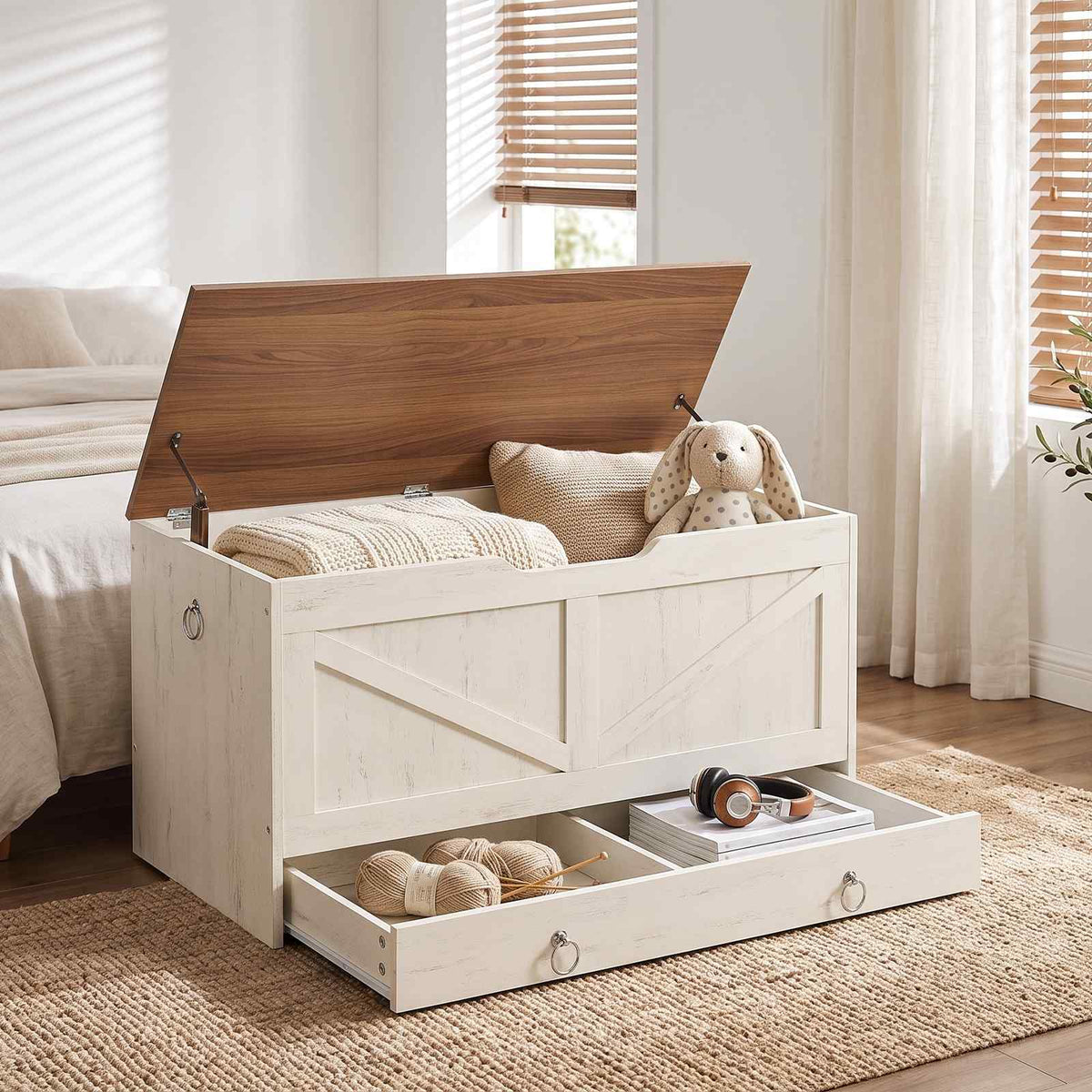 HOOBRO Wooden Toy Box Storage Trunk with Lift Top and Bottom Drawer