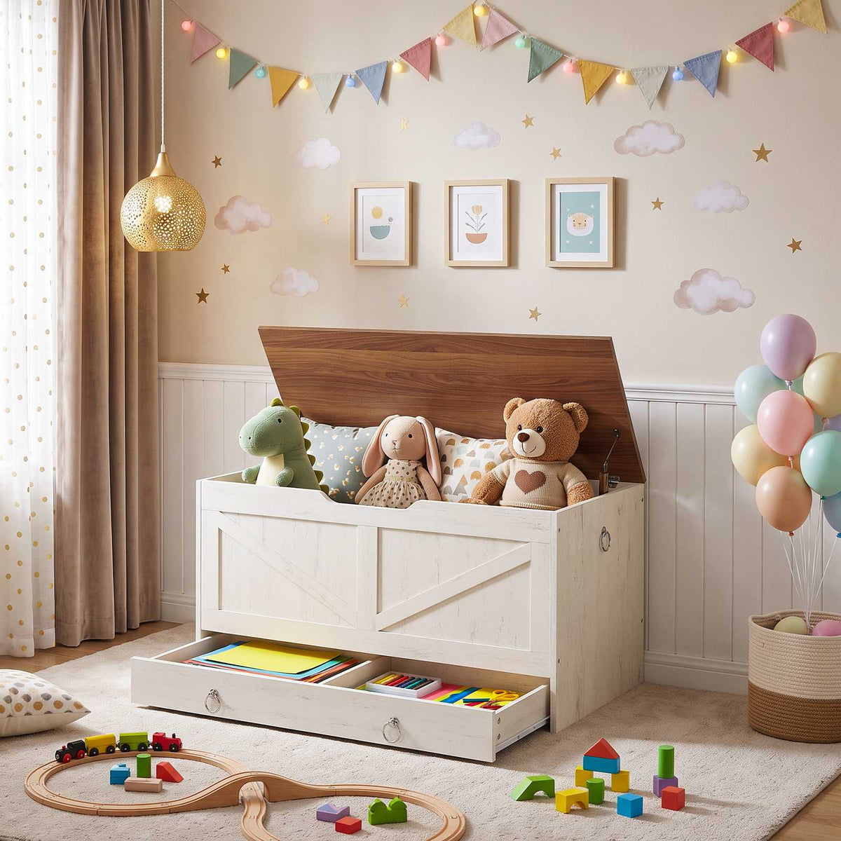 HOOBRO Wooden Toy Box Storage Trunk with Lift Top and Bottom Drawer
