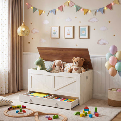 HOOBRO Wooden Toy Box Storage Trunk with Lift Top and Bottom Drawer
