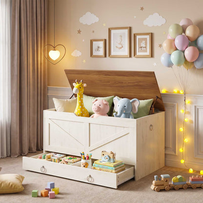 HOOBRO Wooden Toy Box Storage Trunk with Lift Top and Bottom Drawer