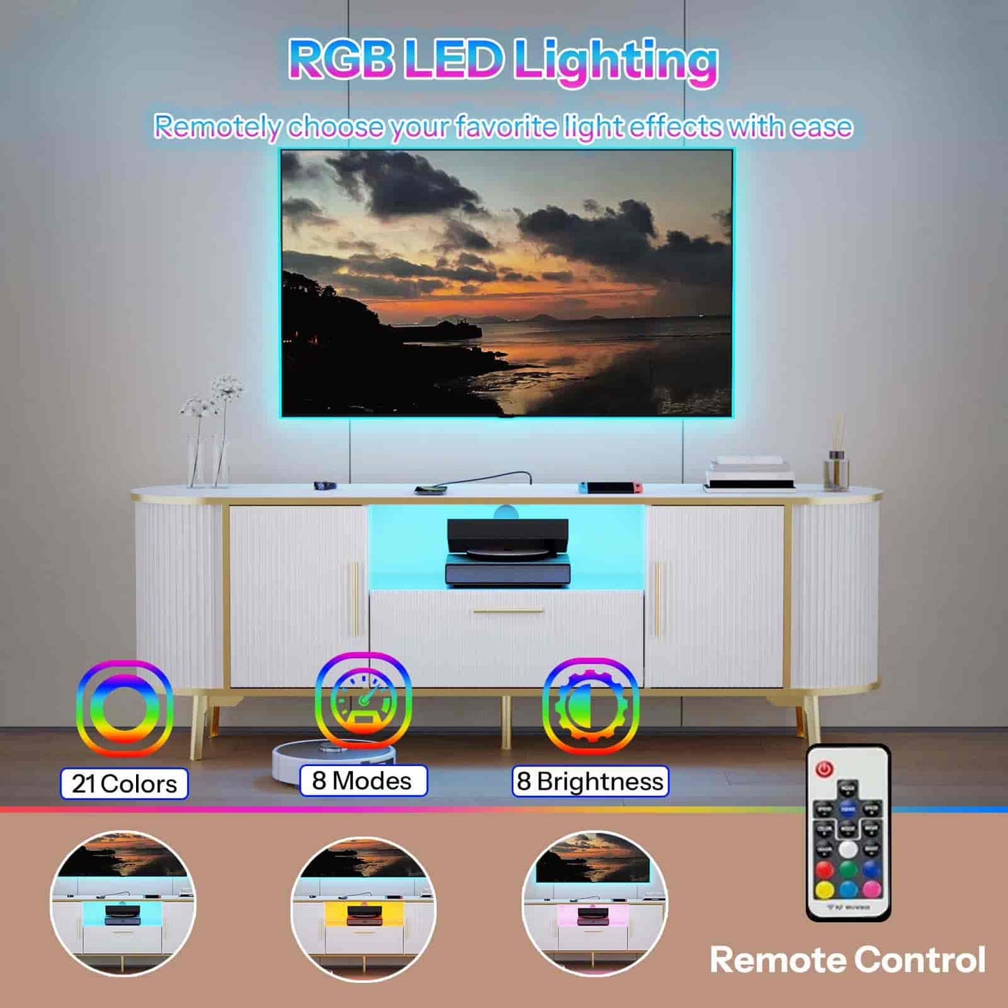 TV stand with RGB LED lighting effects, remote control, and scenic display.