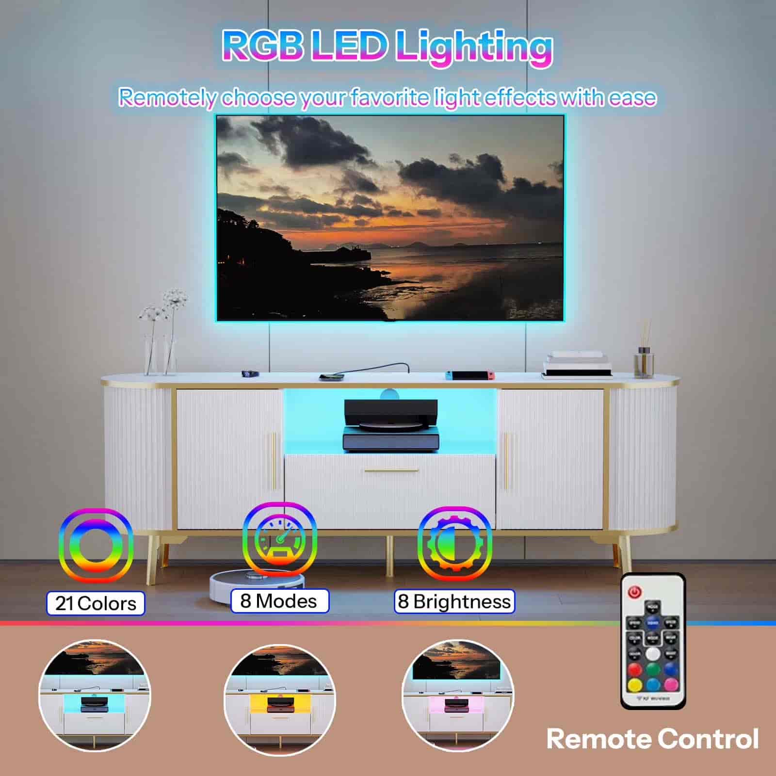 TV stand with RGB LED lighting effects, remote control, and scenic display.