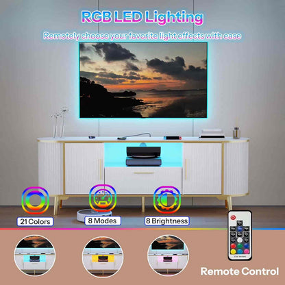TV stand with RGB LED lighting effects, remote control, and scenic display.