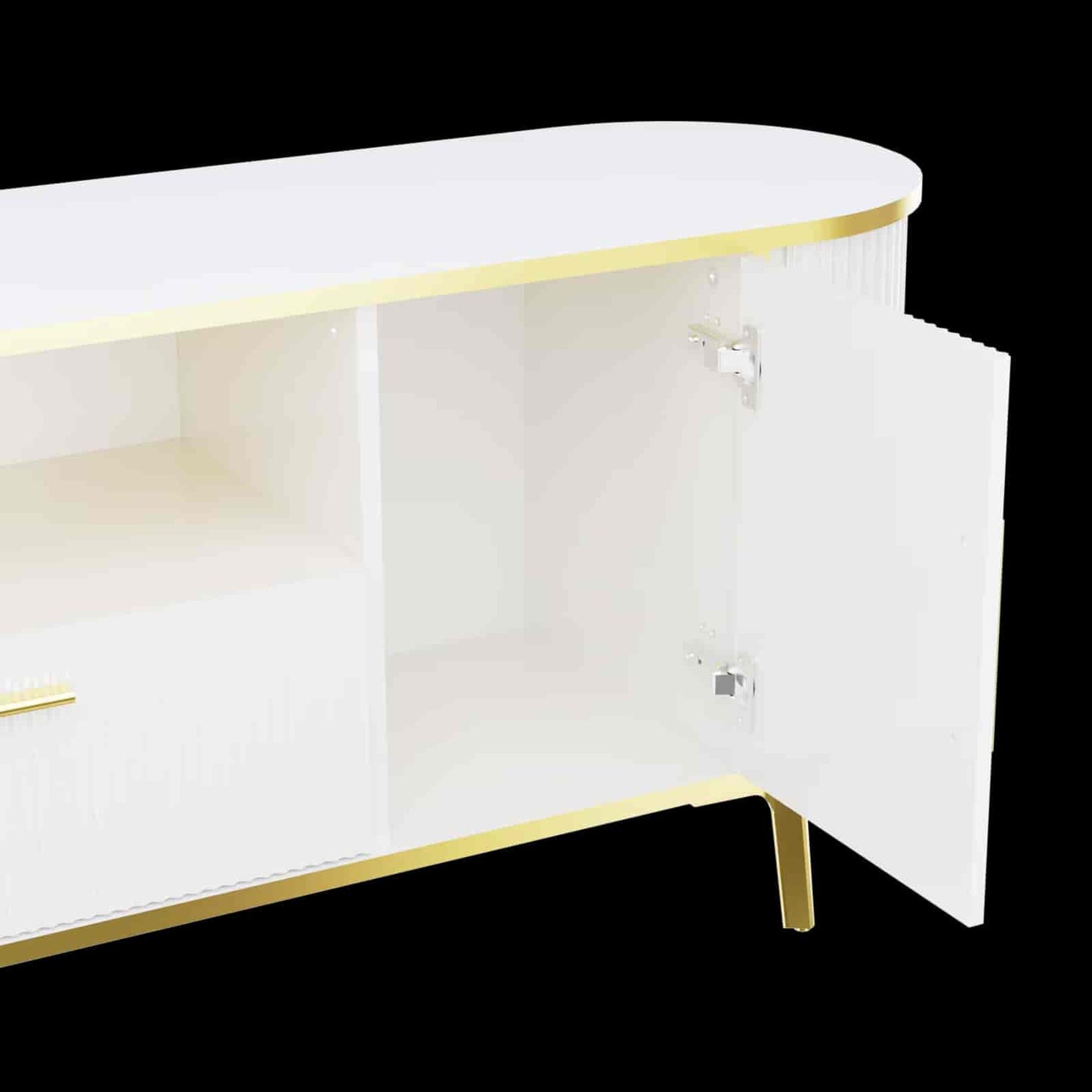 White console table with gold accents on a black background