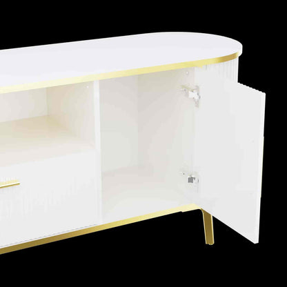 White console table with gold accents on a black background
