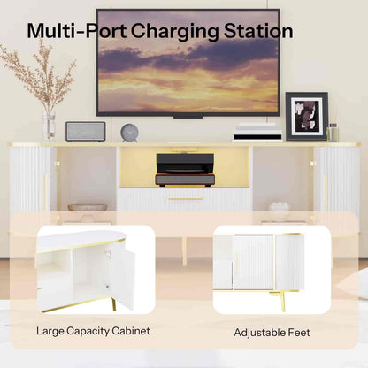 Modern entertainment console with large capacity cabinet and adjustable feet, featuring a television and speakers.