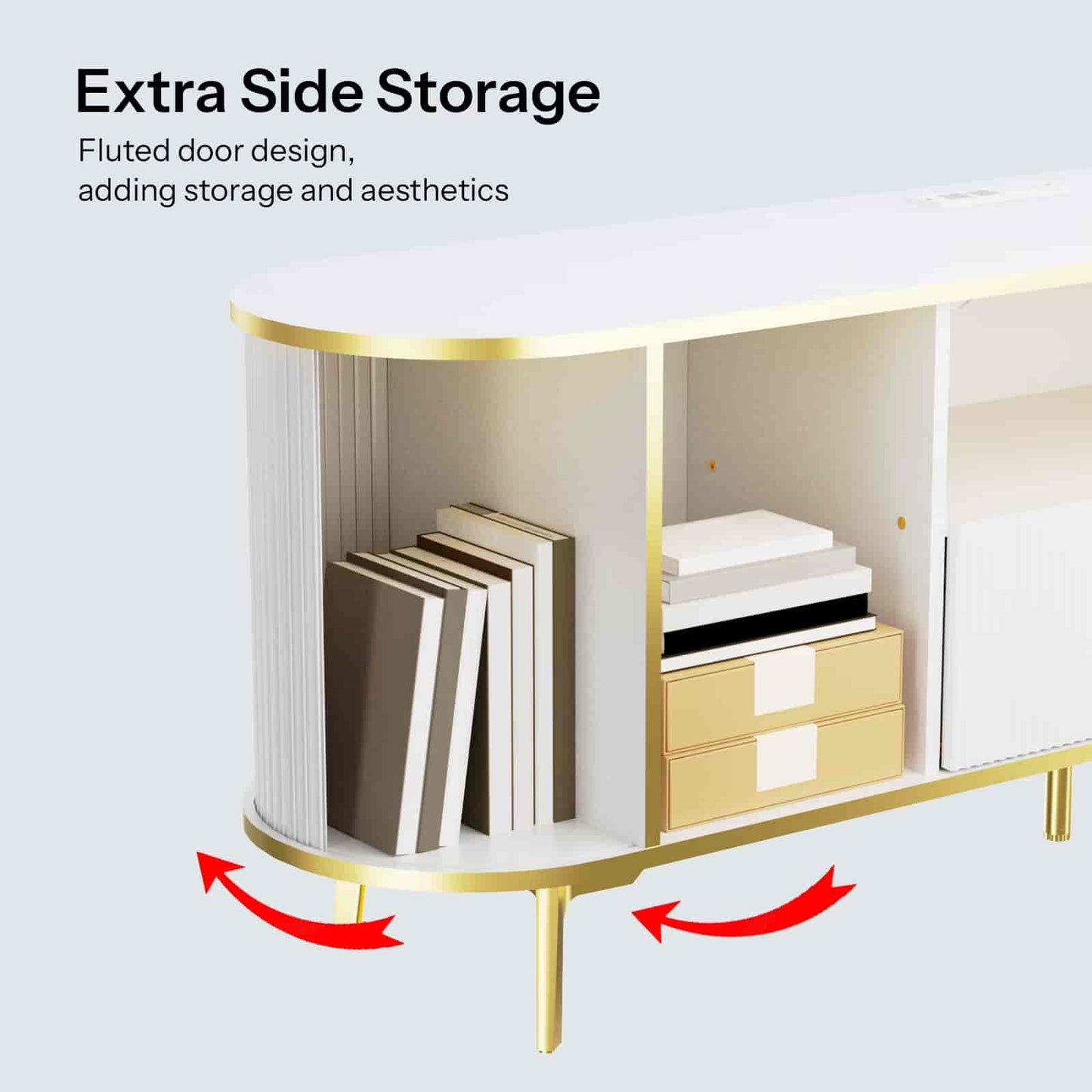 White side table with gold accents and storage compartments, featuring books and a box.
