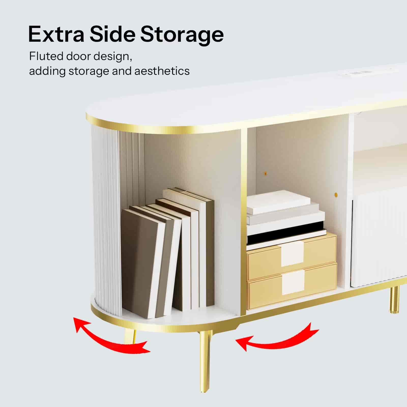 White side table with gold accents and storage compartments, featuring books and a box.