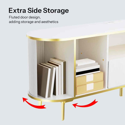 White side table with gold accents and storage compartments, featuring books and a box.