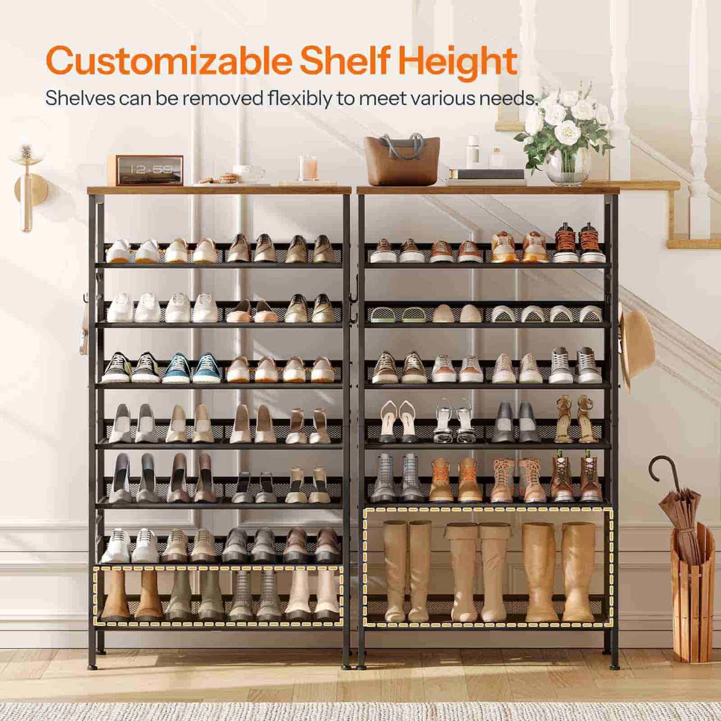 Shoe rack with customizable shelf height displaying various shoes in a home setting.