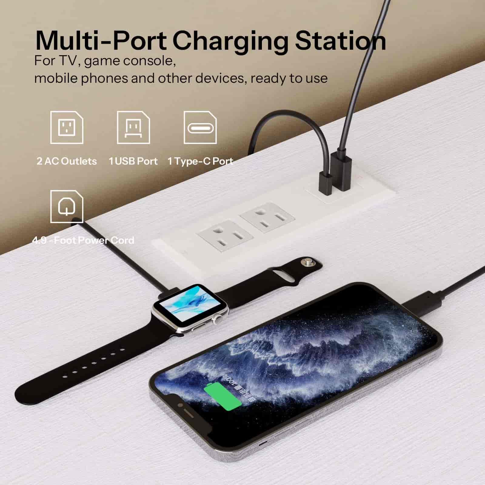 Multi-port charging station with smartphone, smartwatch, and power cord on a white surface.