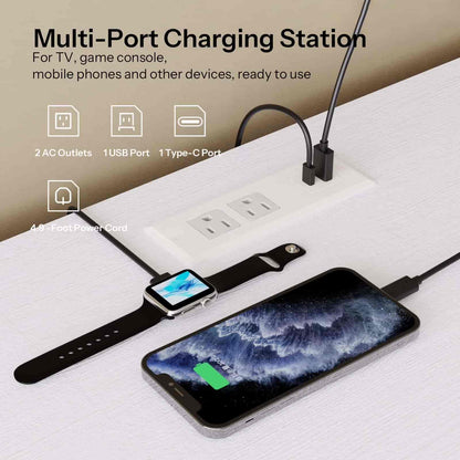 Multi-port charging station with smartphone, smartwatch, and power cord on a white surface.