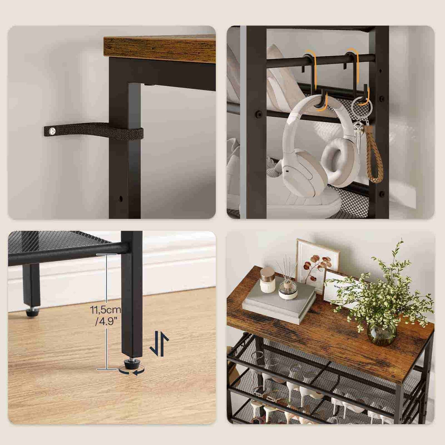 Collage of a metal shelf with wooden top, tea set, and decorative items.