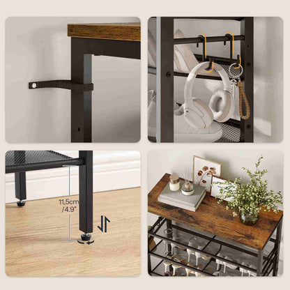 Collage of a metal shelf with wooden top, tea set, and decorative items.