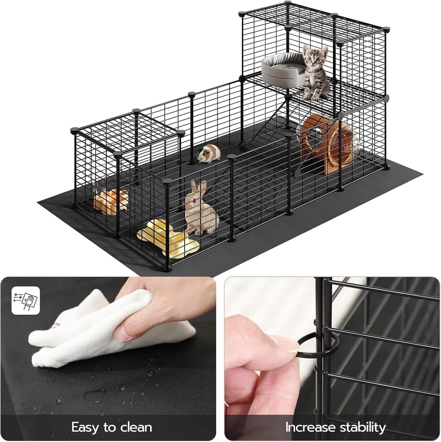 Pet cage with multiple levels, a mat, and cleaning tools on a white background