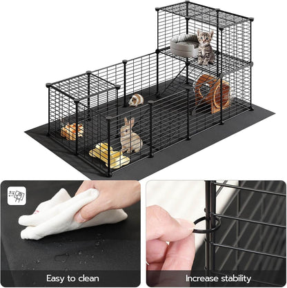 Pet cage with multiple levels, a mat, and cleaning tools on a white background