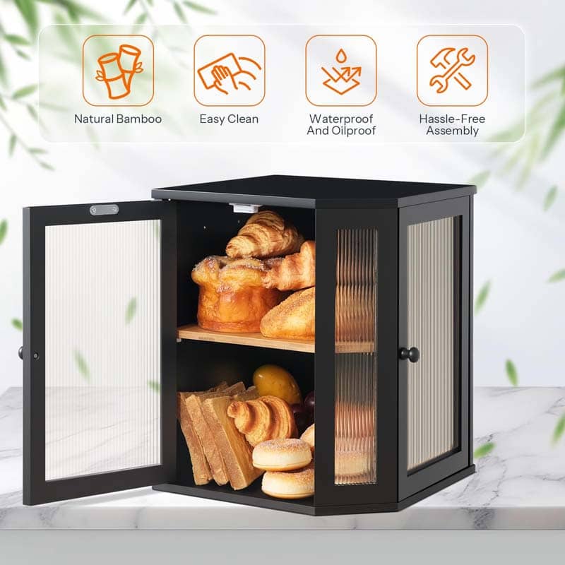 Black bread bin with bread and pastries on a marble surface, featuring icons and text about product features.
