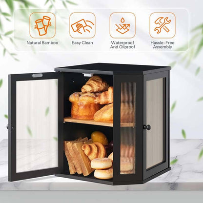 Black bread bin with bread and pastries on a marble surface, featuring icons and text about product features.