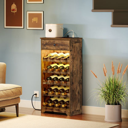 Wine Cabinet, Tall Storage Cabinet with Power Outlet, 6 Tier Freestanding Cabinet, with LED Lights and Drawer, Narrow Sideboard Buffet Cabinet for Living Room