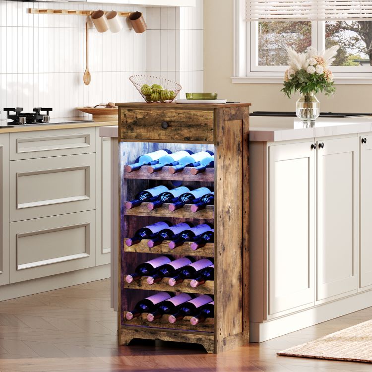 Wine Cabinet, Tall Storage Cabinet with Power Outlet, 6 Tier Freestanding Cabinet, with LED Lights and Drawer, Narrow Sideboard Buffet Cabinet for Living Room